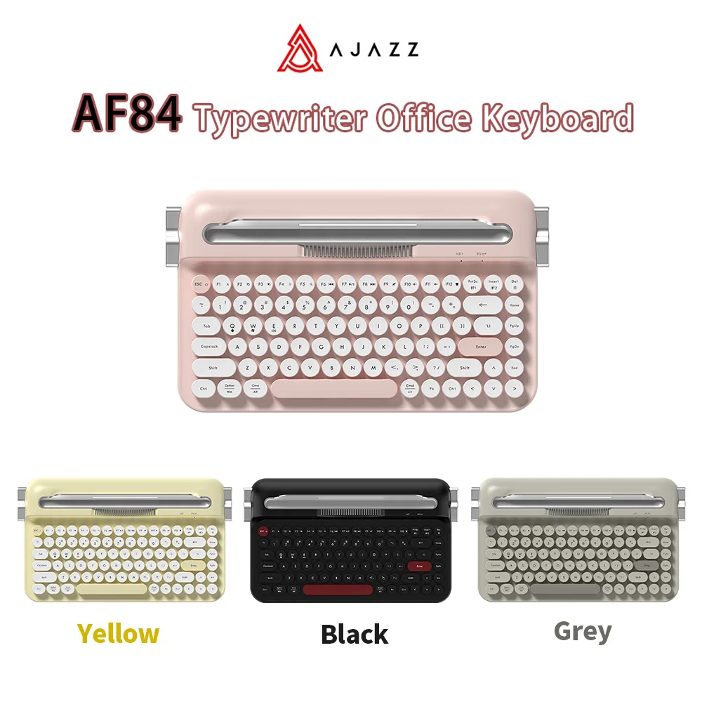 

Ajazz AF84 Беспроводная Bluetooth-клавиатура 2,4G, двухрежимная 82 клавиши, винтажная клавиатура для пишущей машинки со встроенной подставкой для планшетного телефона и ПК
