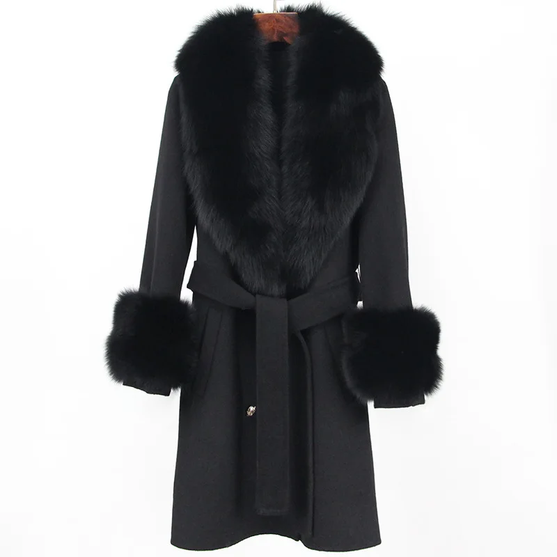 

Women New Long Natural Wool Blends Cashmere Real Fur Coat Double Breasted Belt Warm Streetwear New Fashion Winter Jacket