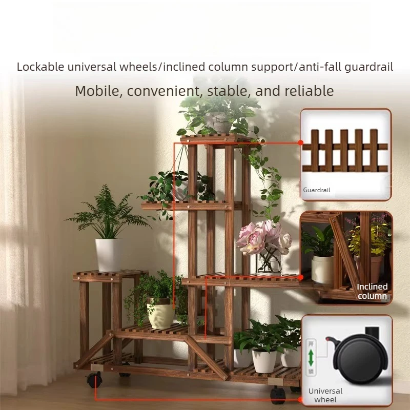 

Multilayer Solid Wood Plant Stand Rolling Flower Rack for Living Room Balcony Indoor Outdoor Planter Shelf