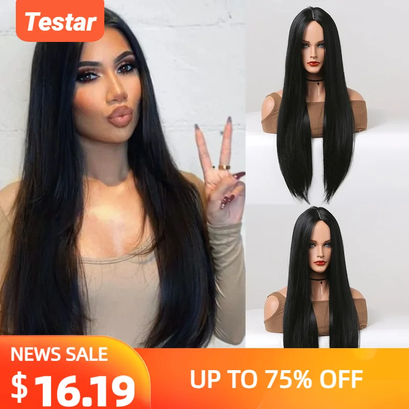 Straight Black Synthetic Wig Natural Hairline Wig for Women 26inch Auburn Middle Part Wigs for Daily Party Use Heat Resistant