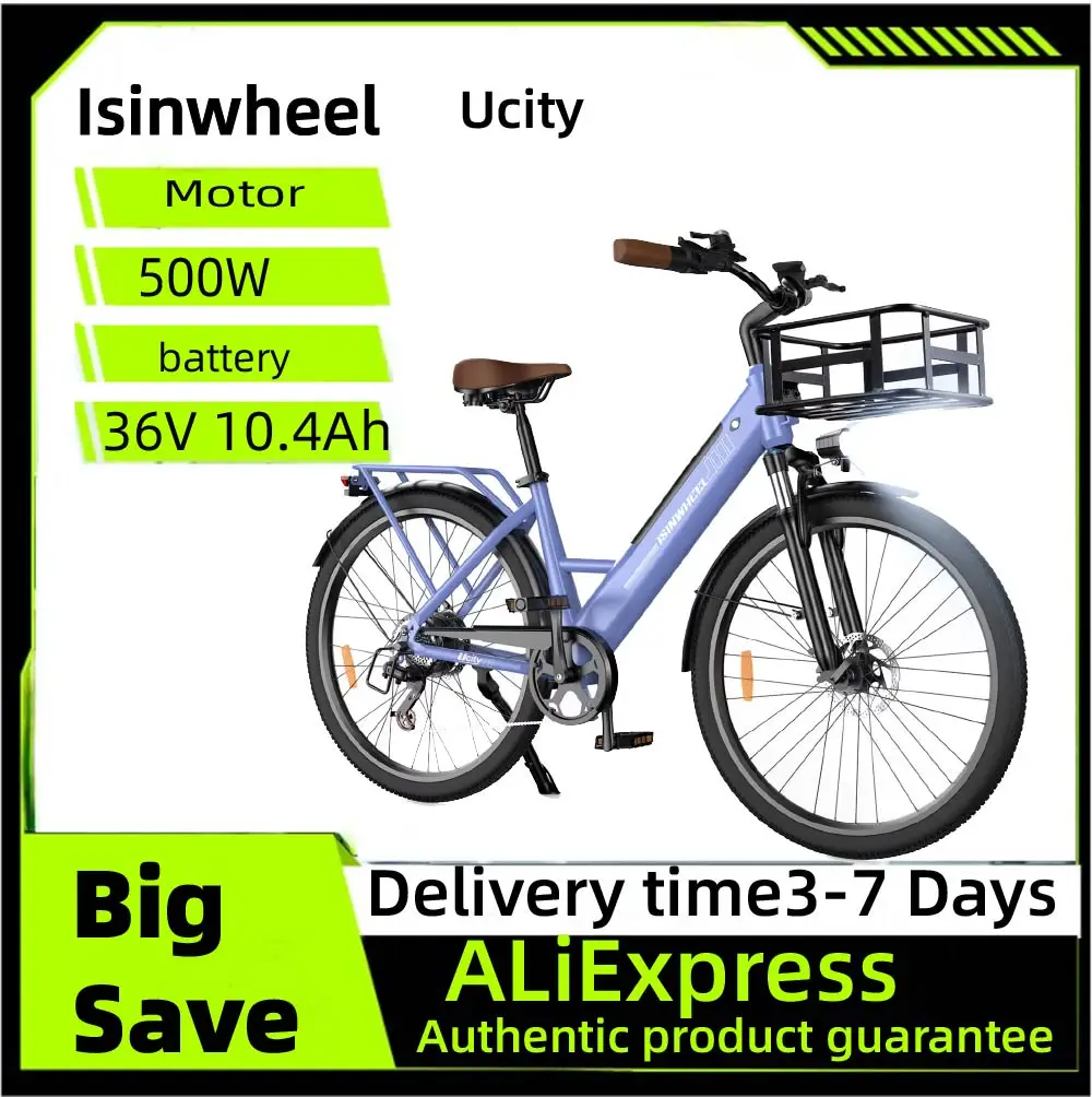 

Isinwheel Ucity E-bike For Adult 36V 10.4Ah Battery 500W Motor 26 Inch Tires With front frame City Electric bicycle