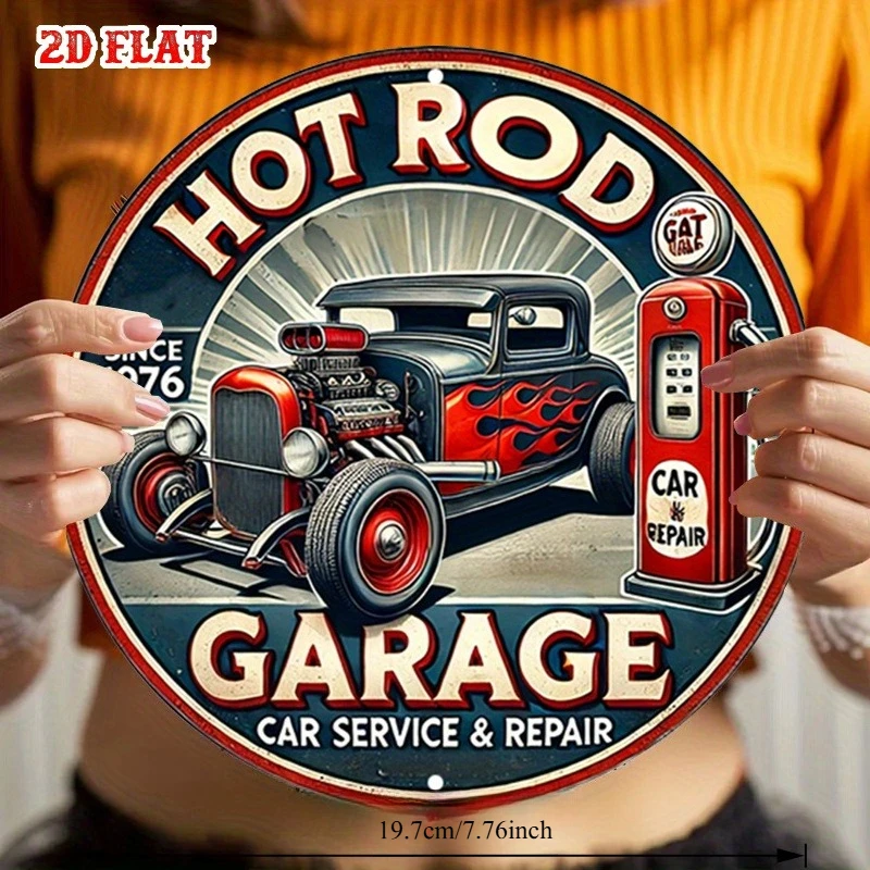 2D Flat - Integrated 2D Flat Car Sign, Circular Sign, SuitAable for Garage, Vintage Design,  - Country Style Wall Art,