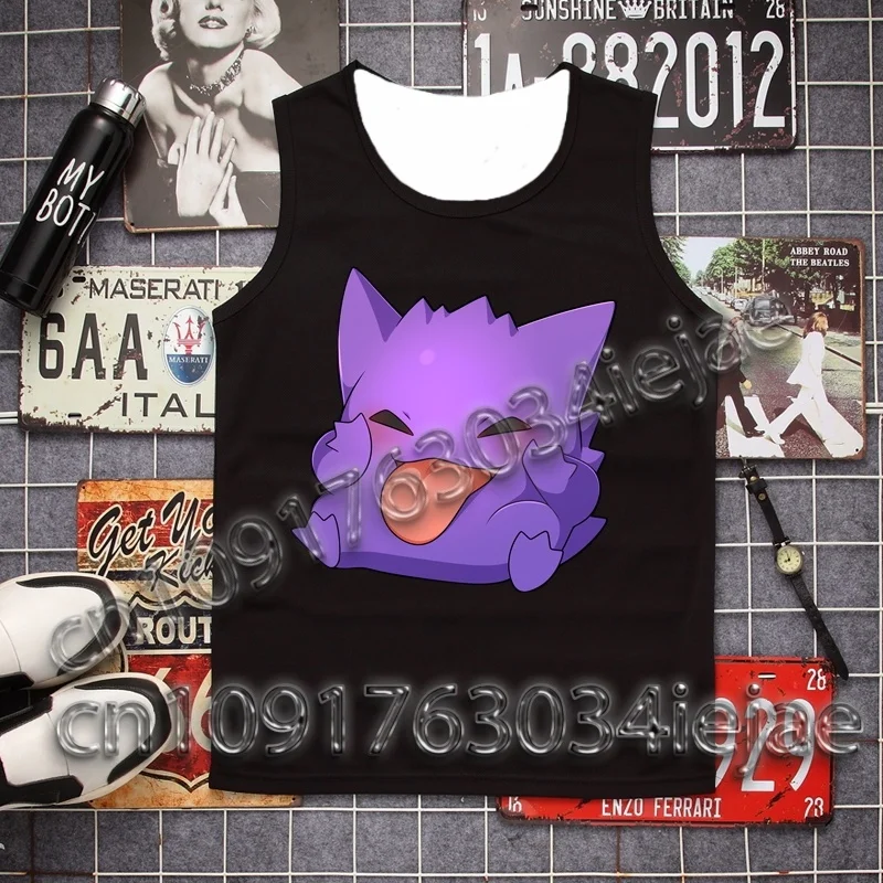 

Pokemon Gengar Black T-shirt Cotton Anime Graphic Tee Men Women Red Eyes White Teeth Japanese Text Purple Smoke Ghost Type