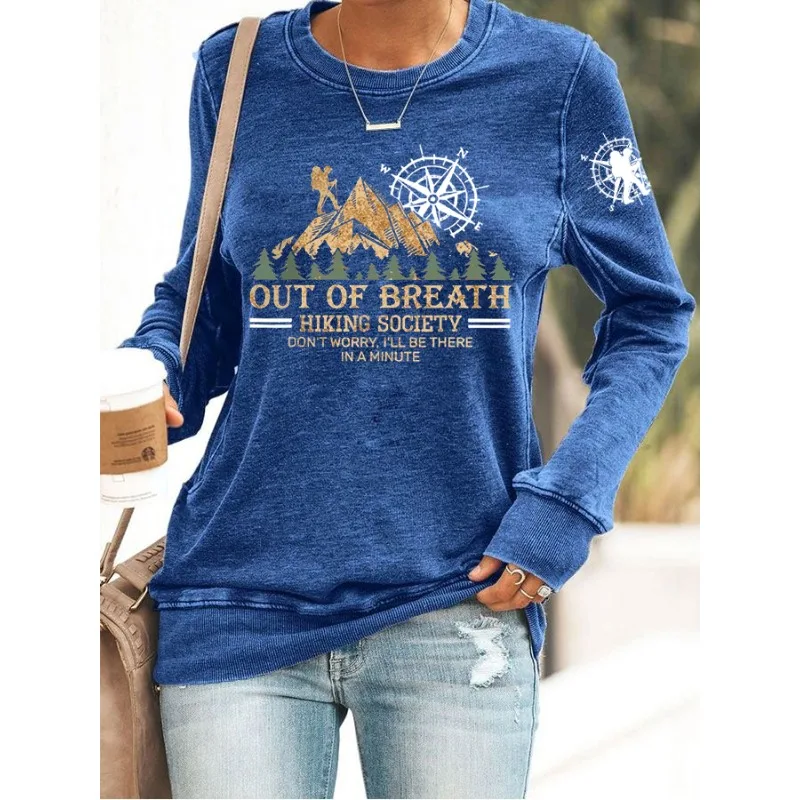 ilstile Damen-Sweatshirt „Hiking Out Of Breath“ mit Buchstaben-Aufdruck, langärmelig, lässig, Outdoor-Kapuzenpullover mit Rundhalsausschnitt, Schwarz, Blau, Grün