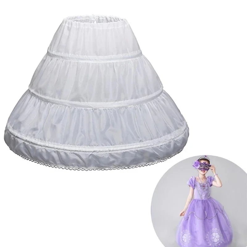 

White Children Petticoat A-Line 3 Hoops One Layer Kids Crinoline Lace Trim Flower Girl Dress Underskirt Elastic Waist Drawstring