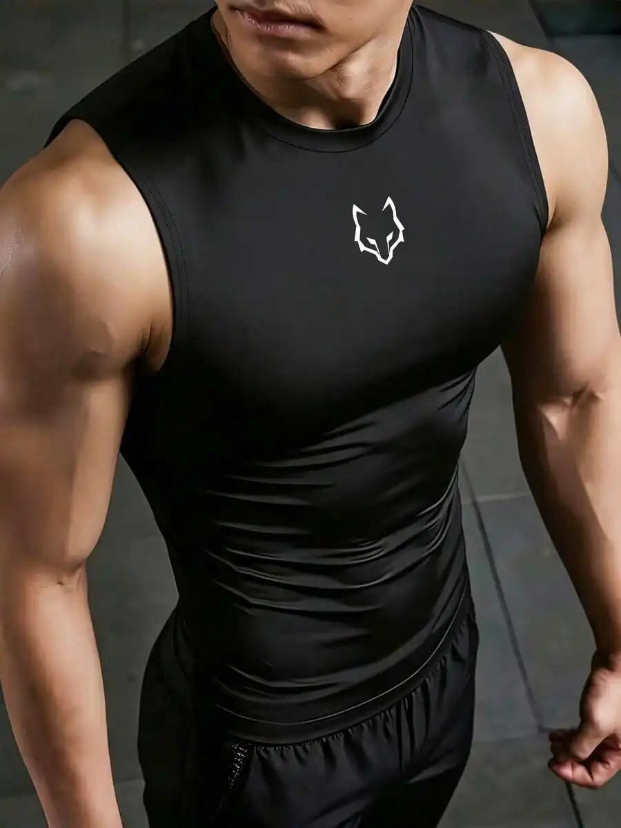 

Mens Black Round Neck Fitness Sports Tank Top With Fox Logo