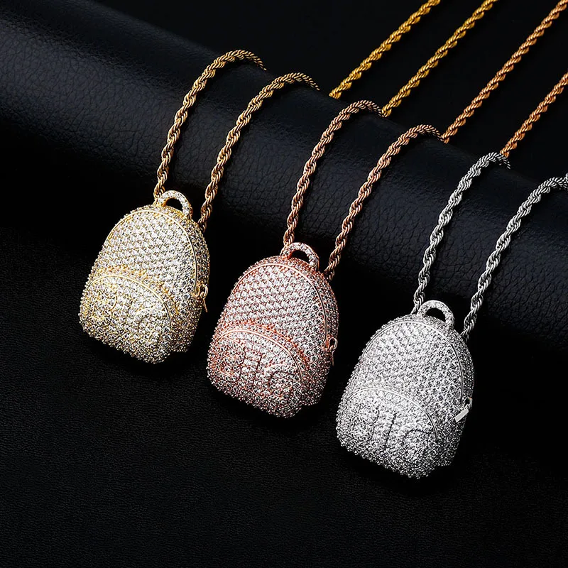 

Hip Hop Claw Setting AAA+ Cubic Zirconia Bling Iced Out Big school Bag Pendants Necklaces for Men Rapper Jewelry Drop Shipping