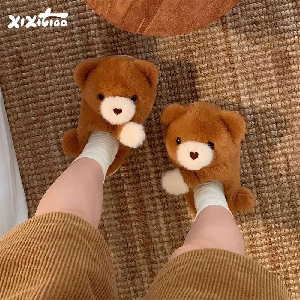 

Winter Home Slippers Women's Warm Hugging Bear Cotton Slippers Cute Student Indoor Household Anti Slip Furry Warm Shoes