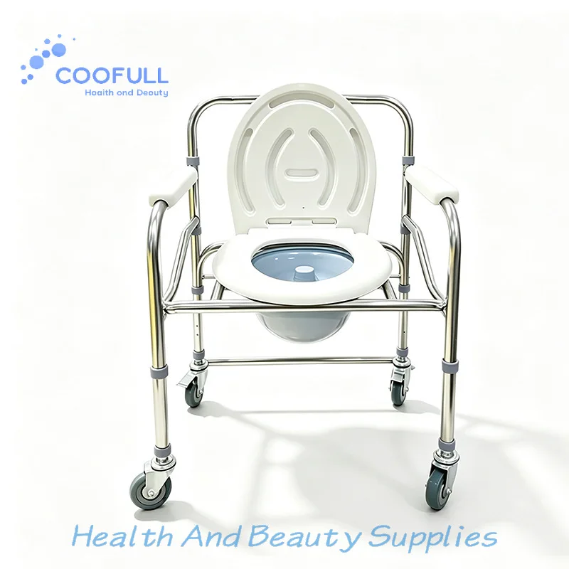 coofullメーカー卸売、蓋と車輪付きステンレス製病院用、家族用、高齢者・障害者用折りたたみ式トイレチェア