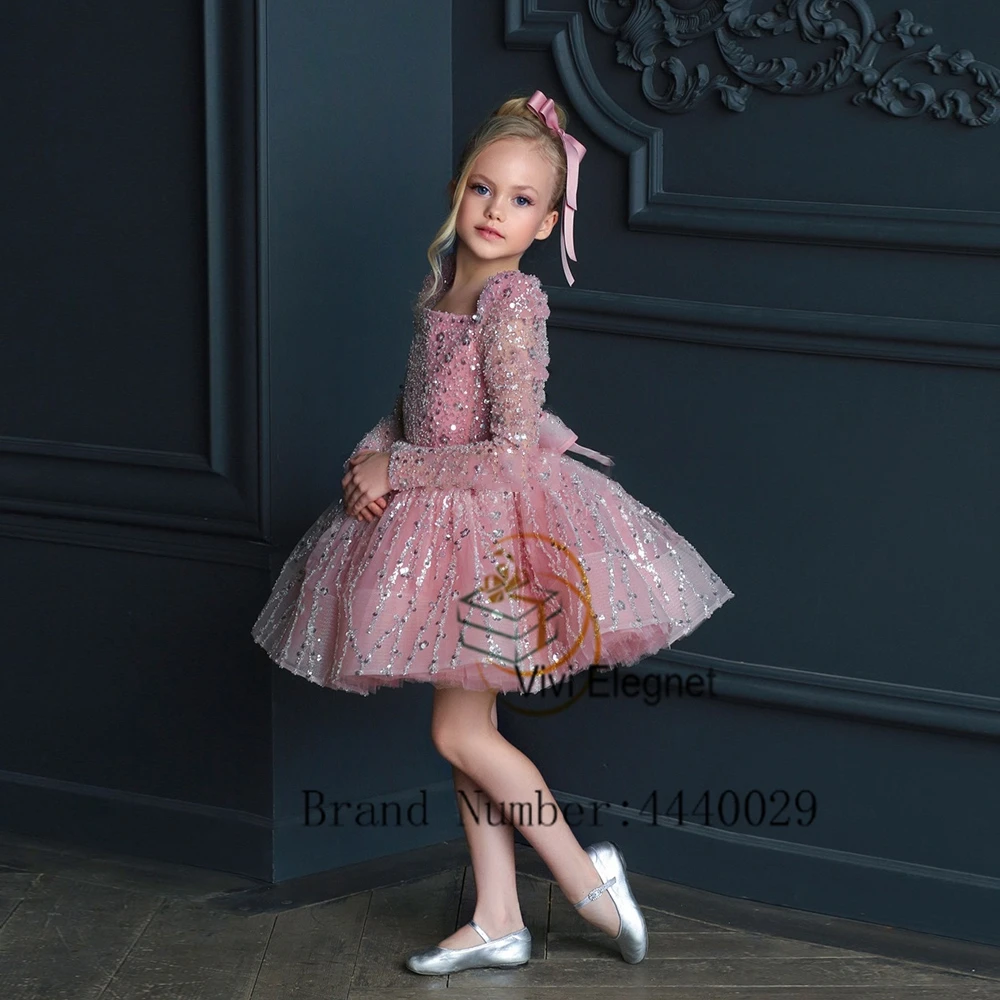 Pink Flower Girl Dresses for Baby Full Sleeve Square Collar Wedding Party Gowns with Sequined New فساتين اطفال للعيد VV980029