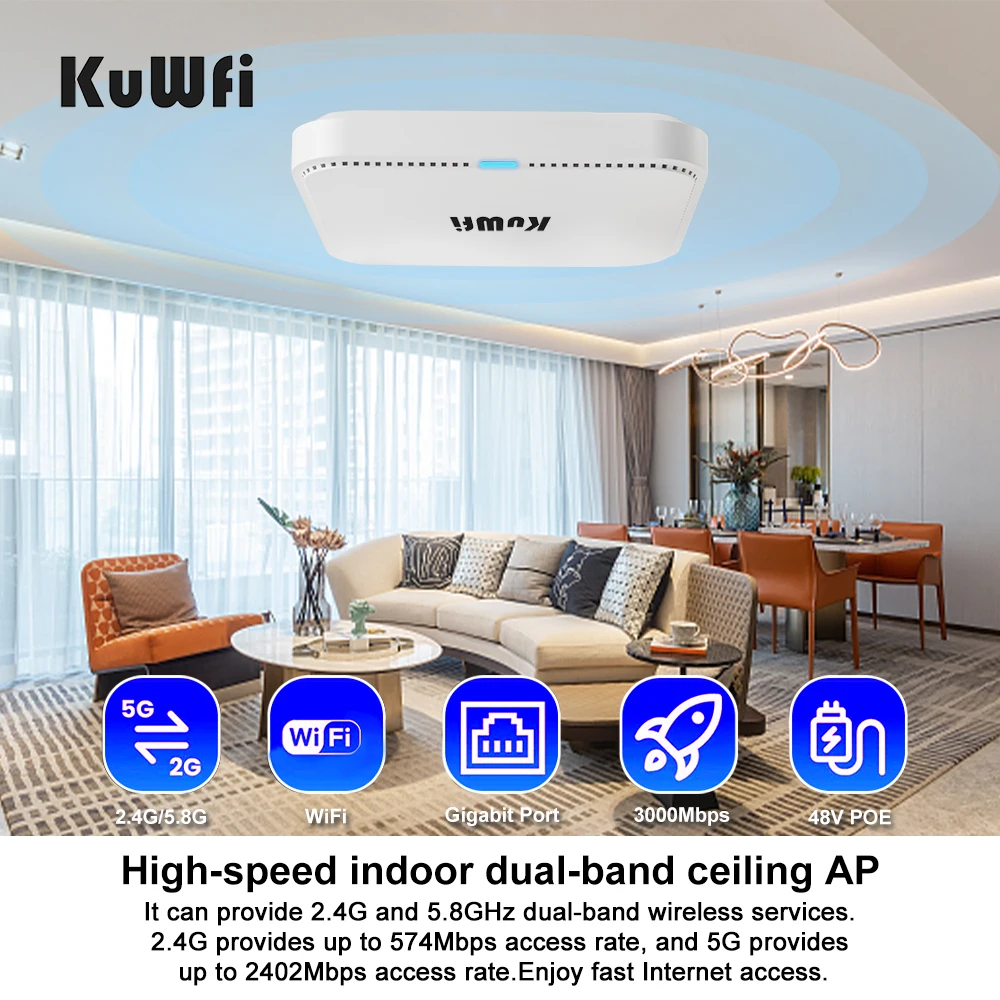 KuWfi 3000Mbps Ceiling Wireless AP Router 2.4G 5G Dual Band Wifi6 Router Access Point with Gigabit WAN LAN Port Support 48V POE