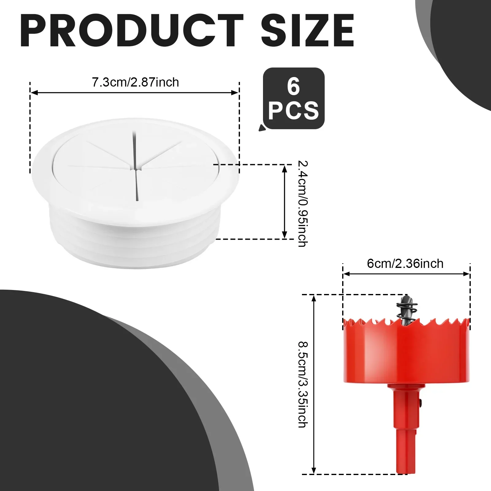 Сверло для кольцевой пилы 60 мм и 6 шт. Круглая крышка для отверстия для настольного кабеля, крышки для отверстий для стола, пластиковый шнур для стола, крышка для провода компьютера, втулки