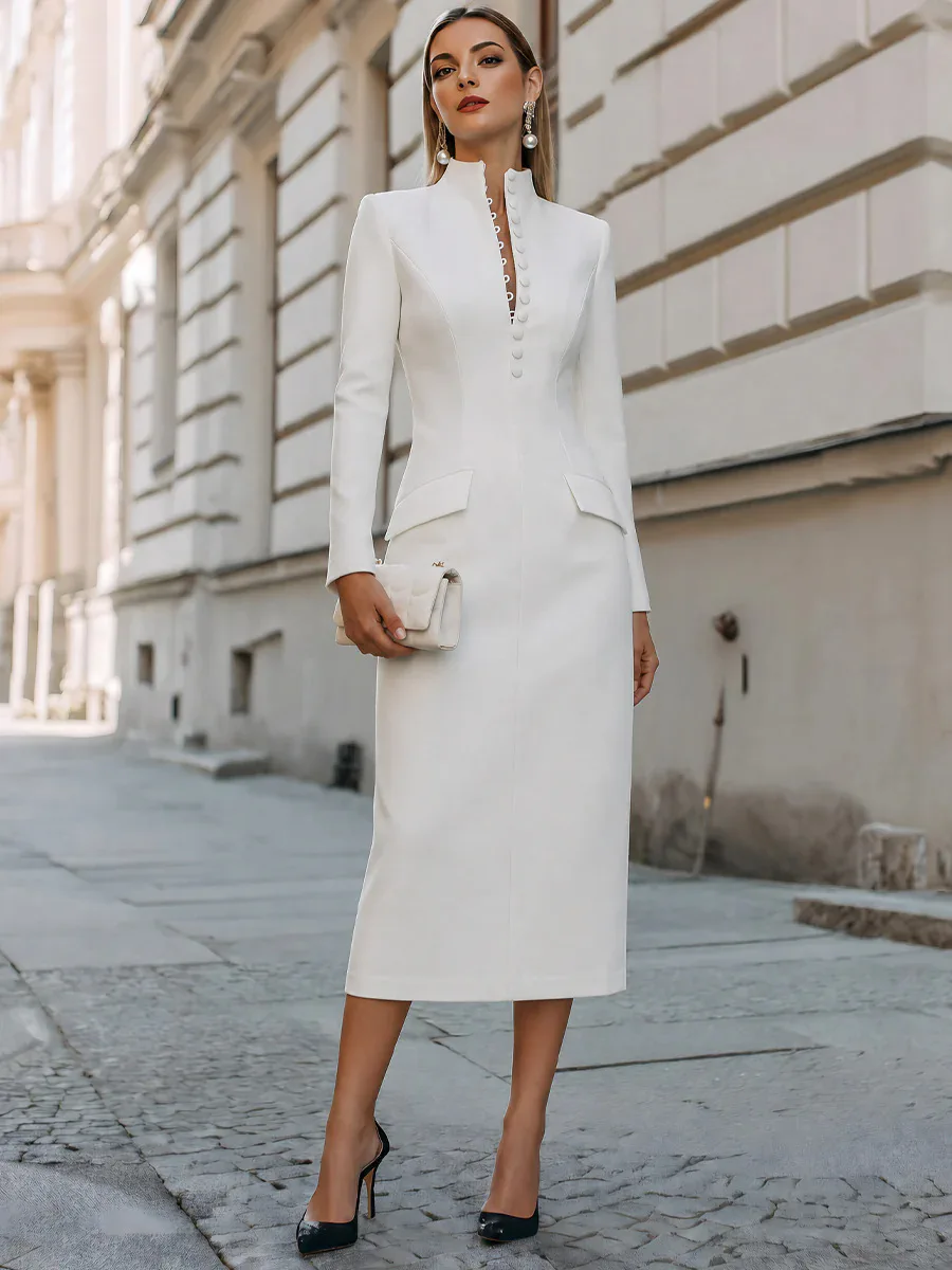 Women Chic Button Dress Solid Draped Dress Silk V-Neck Long Sleeve Evening Party Office Lady Midi Dresses Sexy Slim Robe Vestido