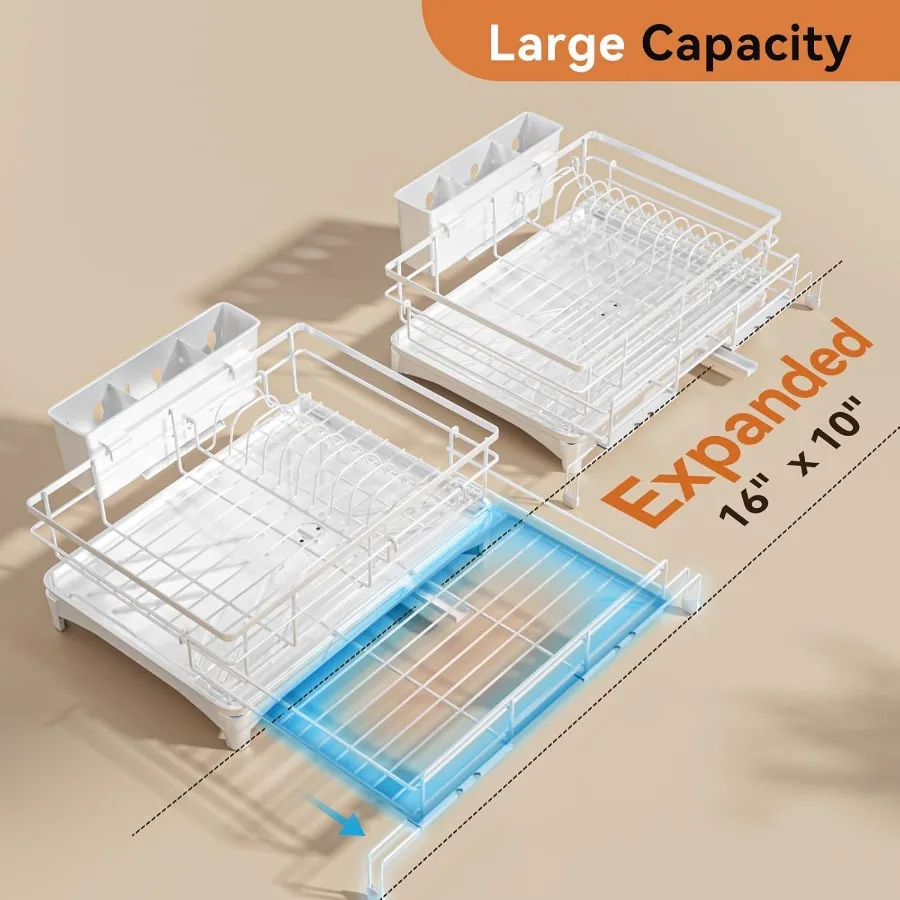 رف تجفيف الأطباق، رف قابل للتوسيع، تجفيف الأطباق ذو سعة كبيرة لطاولة المطبخ، مقاوم للصدأ مع حامل أواني أبيض