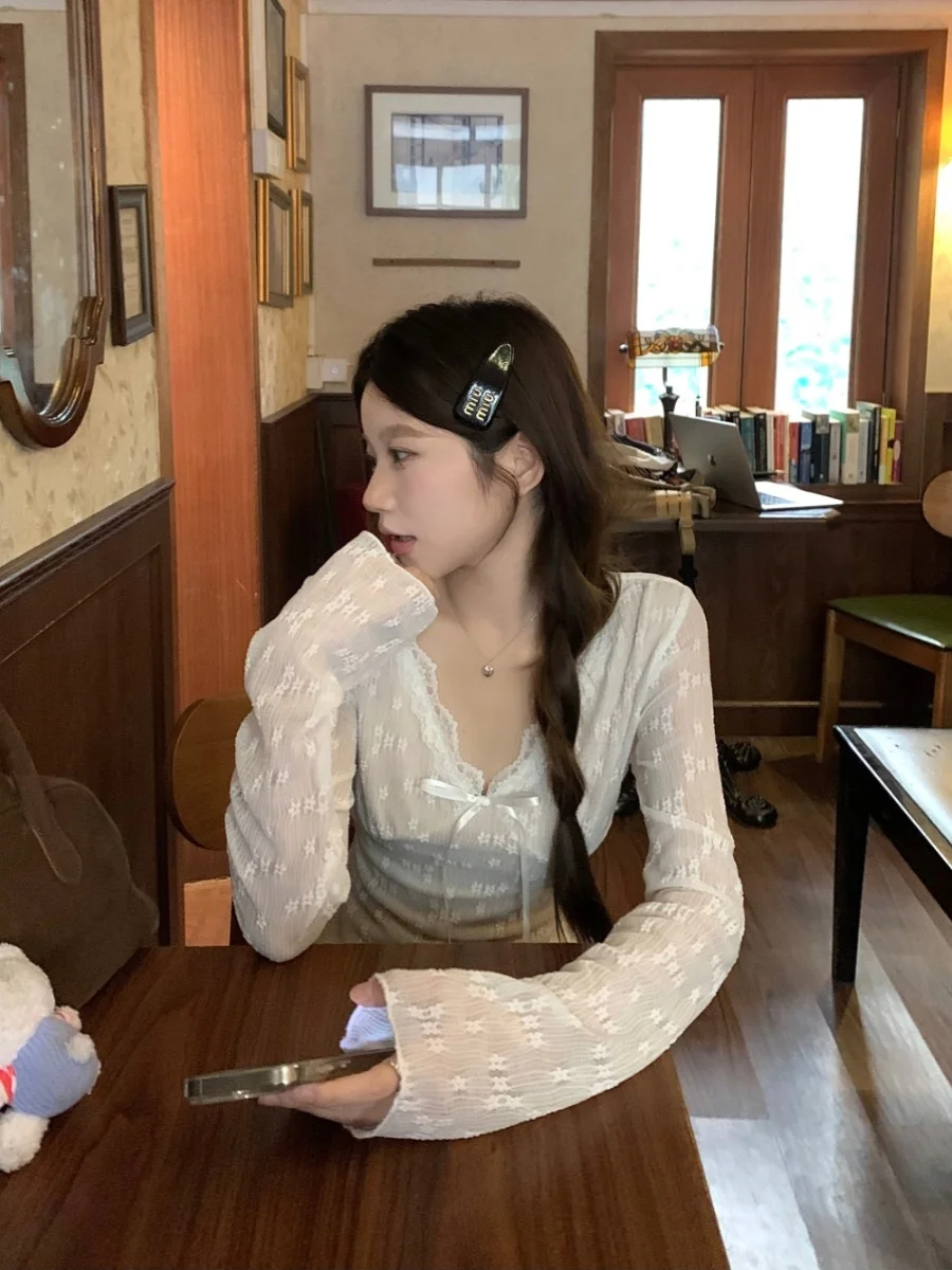 

Женская футболка Ele Pure Desire с сексуальным дизайном, кружевной отделкой, облегающая, с длинным рукавом, V-образным вырезом, повседневная, для ношения под одеждой