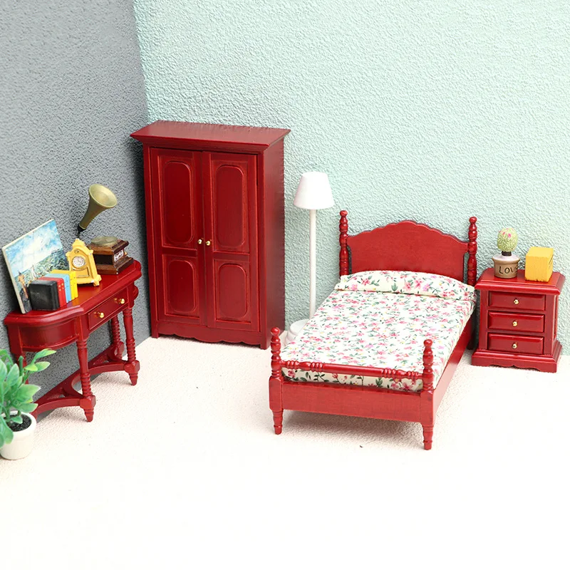 Simulation Furniture Model Mini Wood Bed Cabinet Table Set Bedroom Miniature Scene Decoration 1:12 Dollhouse Accessories