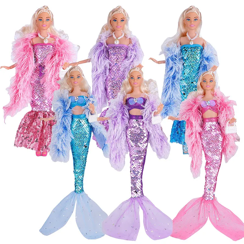 New Dress For Barbie Fashion Coat Mermaids Shinny Sequin Fish Tail Gown Lace Skirt Gown Clothes For Barbie Doll Christmas Toys