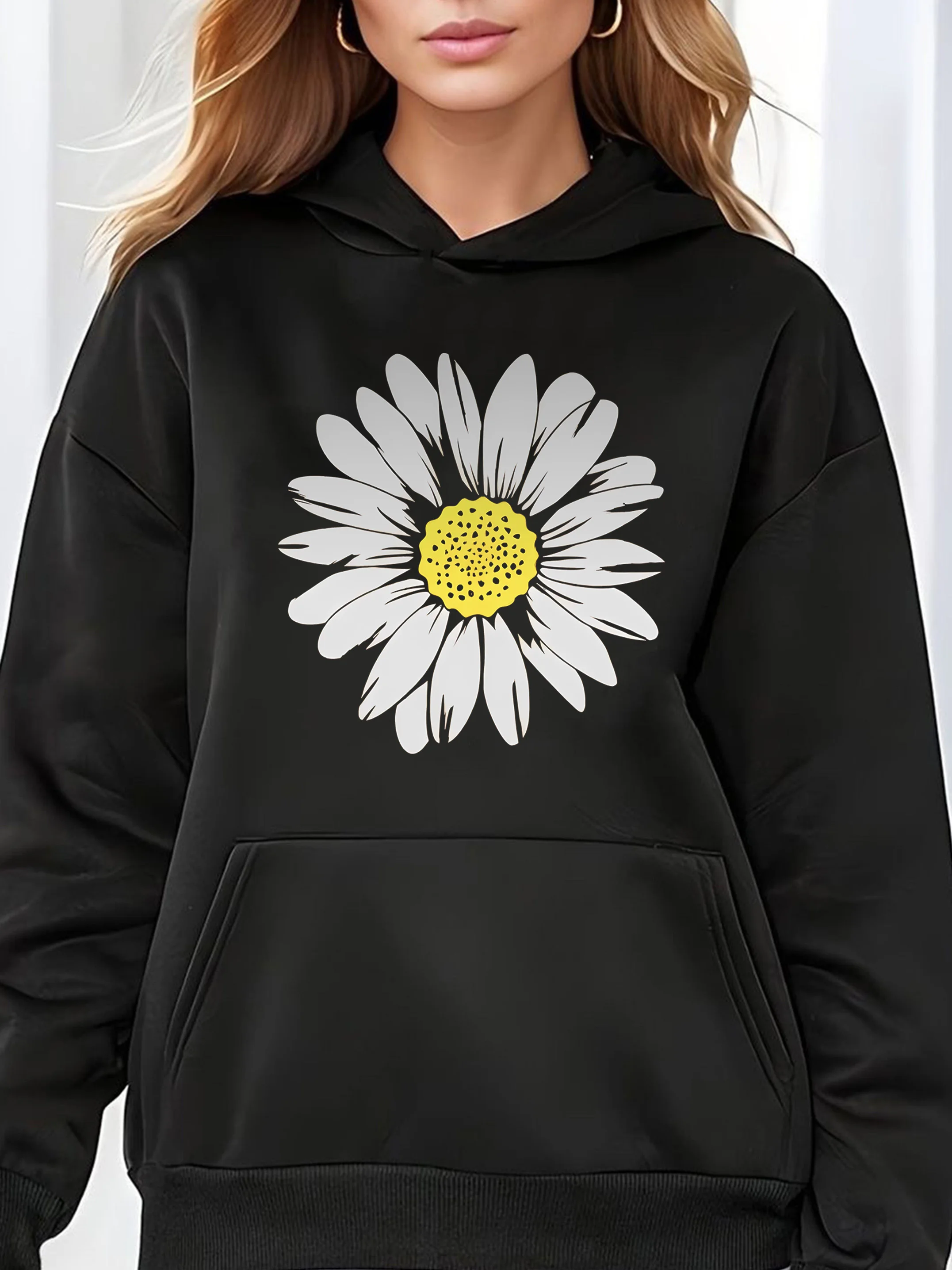 Sweat-shirt à capuche chaud en polaire douce pour femme, imprimé tournesol, pull ample, décontracté, col ras du cou, vêtements pour femme, hiver et automne