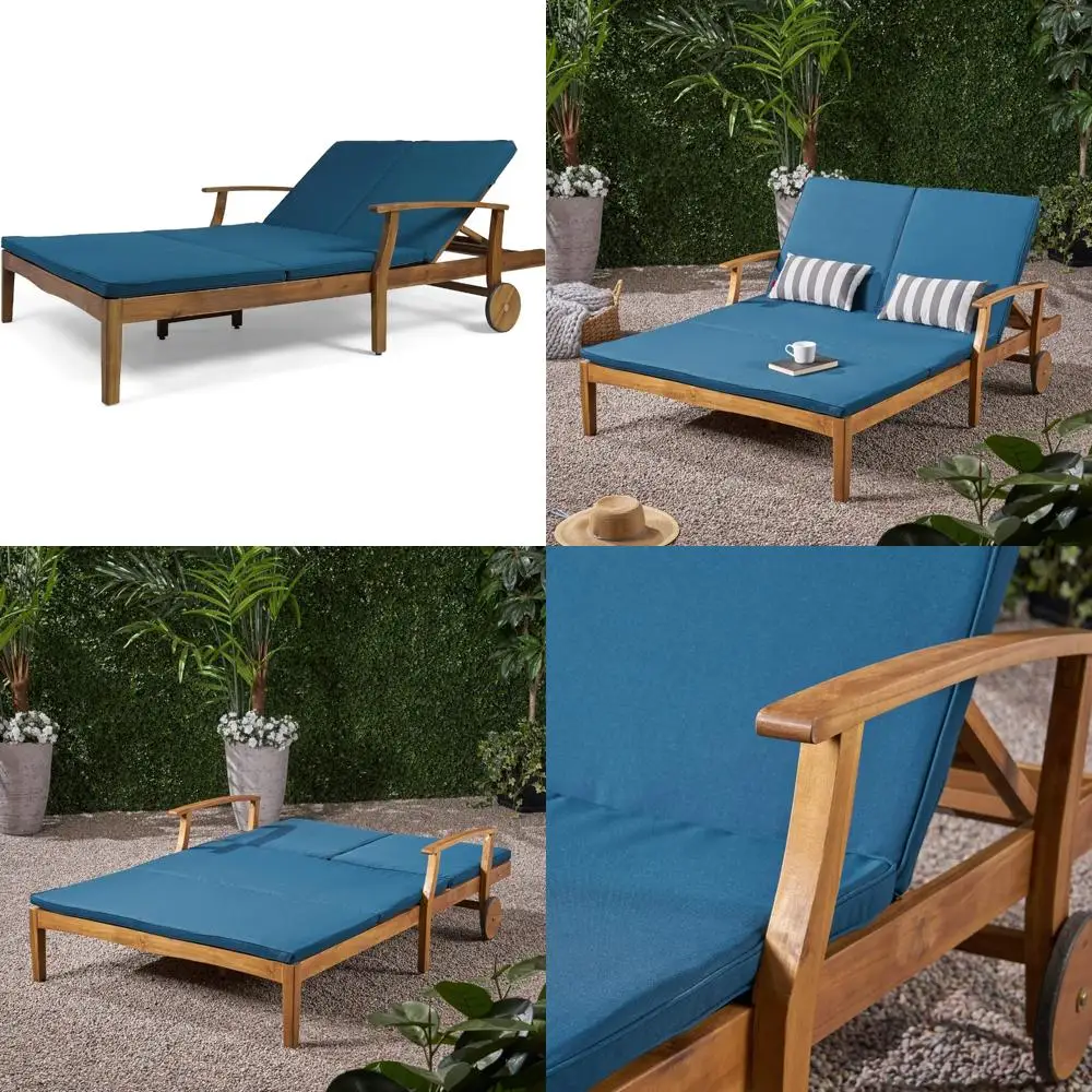 samantha double chaise lounge by christopher knight home: acacia wood with teak finish and blue cushions for outdoor yard and pa