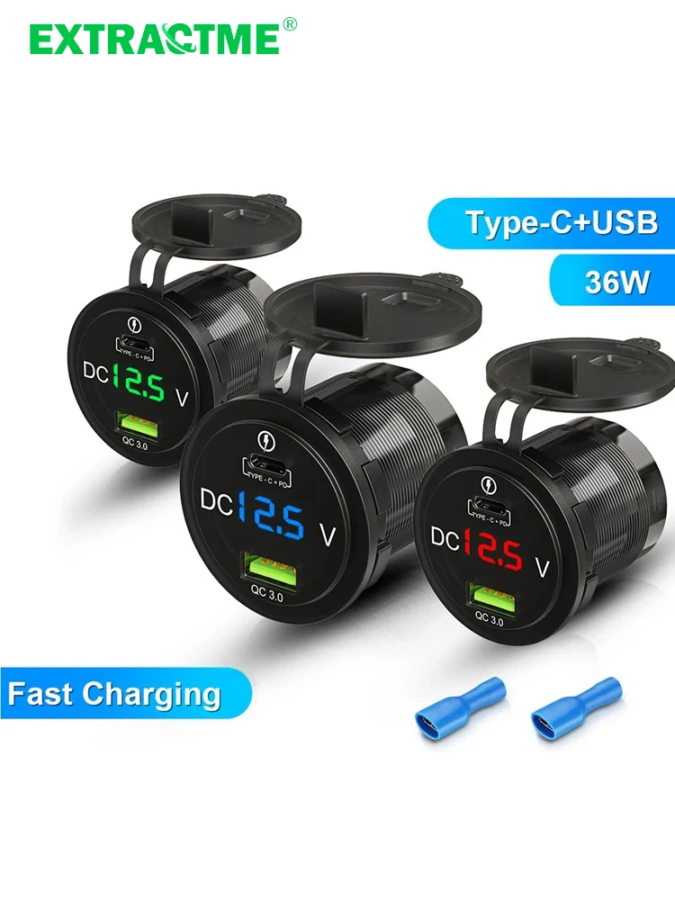 Extractme Car Phone Charger Modified 12V Voltmeter USB PD Socket Auto QC3.0 Phone MP3 Fast Charging Adapter Plug