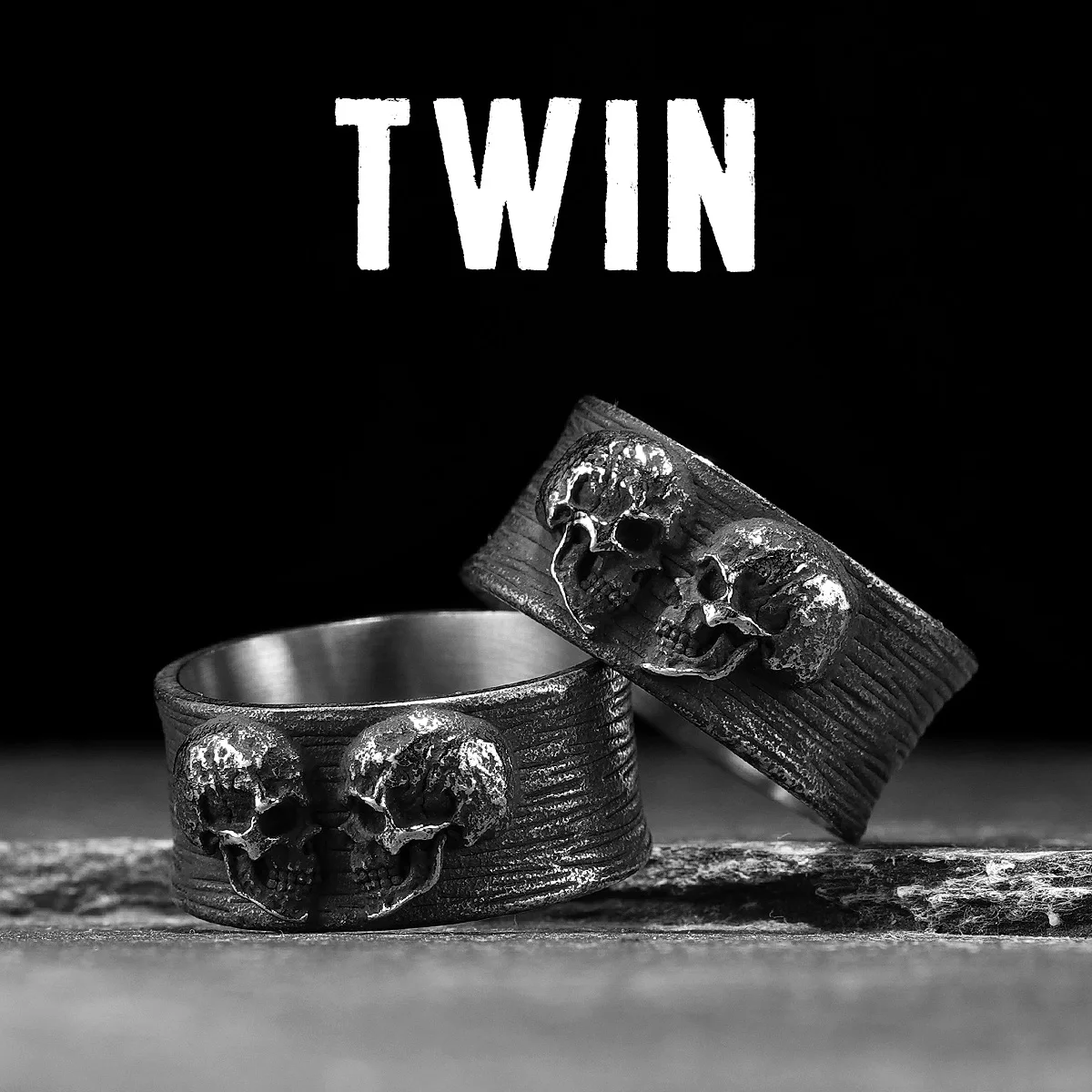 Twin Skull Couple Men Rings Stainless Steel Women Jewelry Punk Gothic Rock Vintage Black Fashion Accessories Gift Wholesale