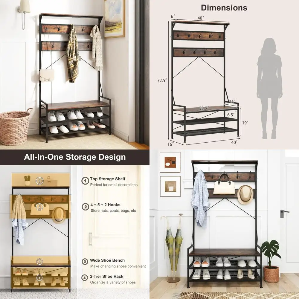

Скамейка для хранения обуви с вешалкой для одежды, мебель для прихожей с 11 крючками, прочный металлический каркас, компактная полка для обуви для дома