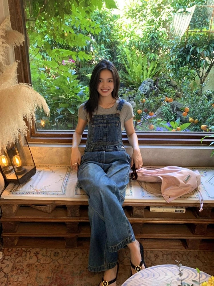 

American Sle Vintage Denim Overalls Women Loose Wide Leg Straight Cut Jumpsuit Casual High Waist Blue Jeans Fabric