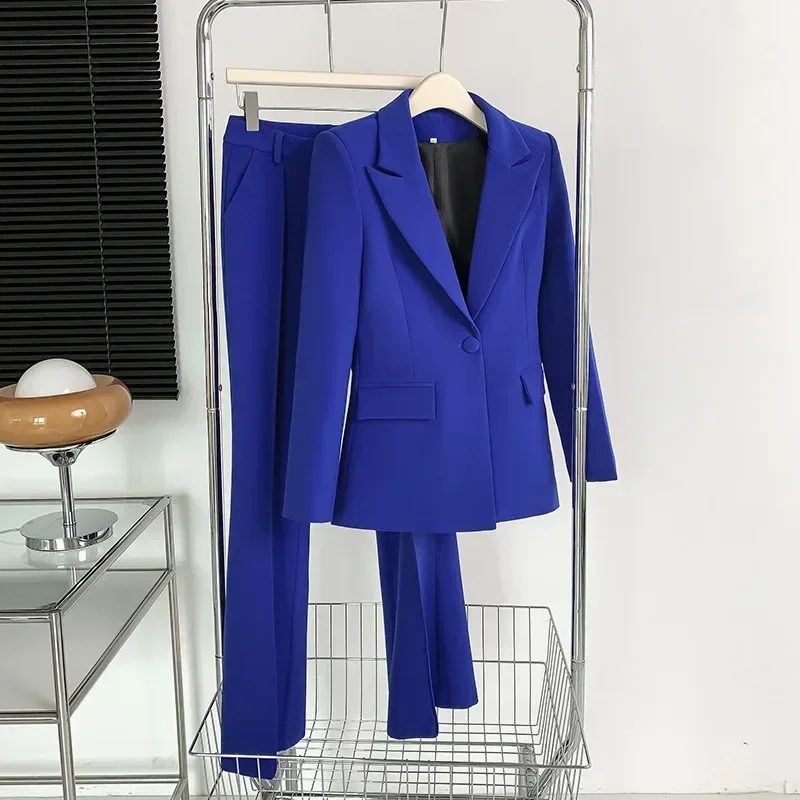 Royal Blue Women Suit Set Formal Blazer+Pants Single Button Slim Fit Cotton Business Work Wear Office Lady Jacket Coat