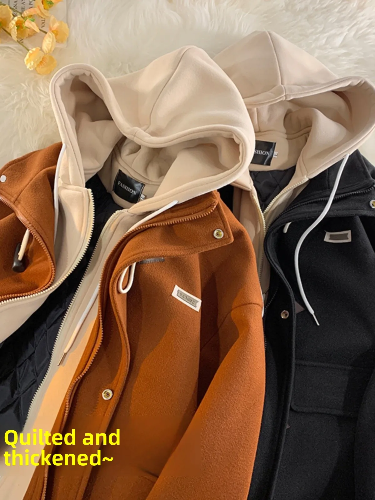 

Men's Thiened Cotton Jaet with Hat American Retro Sle Tweed Coat Fake Two-Piece Design Winter Outerwear with Horn Buttons