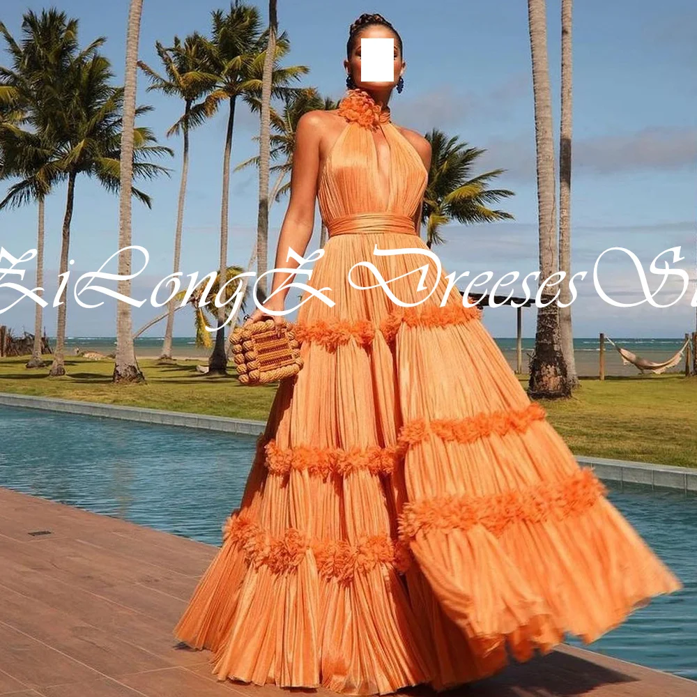 Customized Elegant Halter Orange Tulle 3D Flowers A-Line Evening Dress Modern Sleeveless Pleats Special Occasion Gown for Ladies