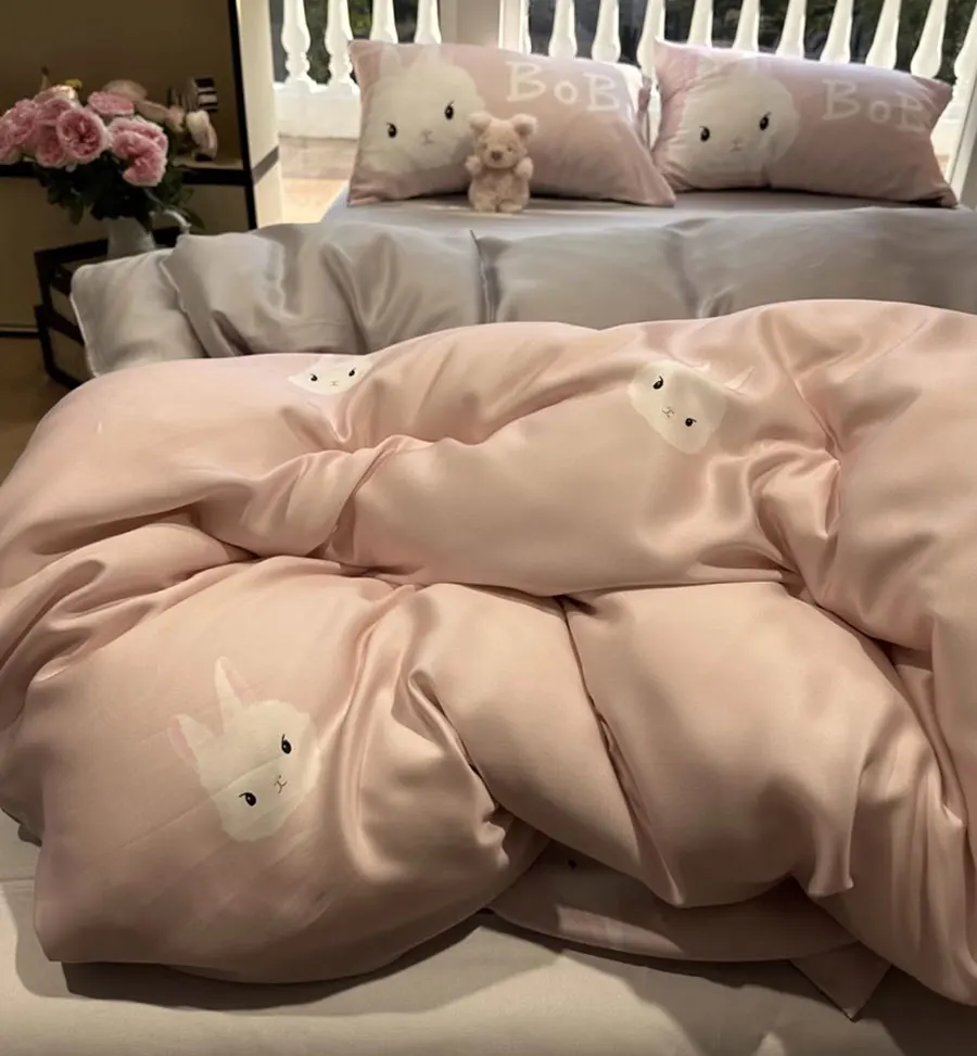 Cute cartoon pink rabbit bedding set 1.2 1.5 1.8 2.0,twin full queen King kawaii home textile bed sheet pillow case duvet cover