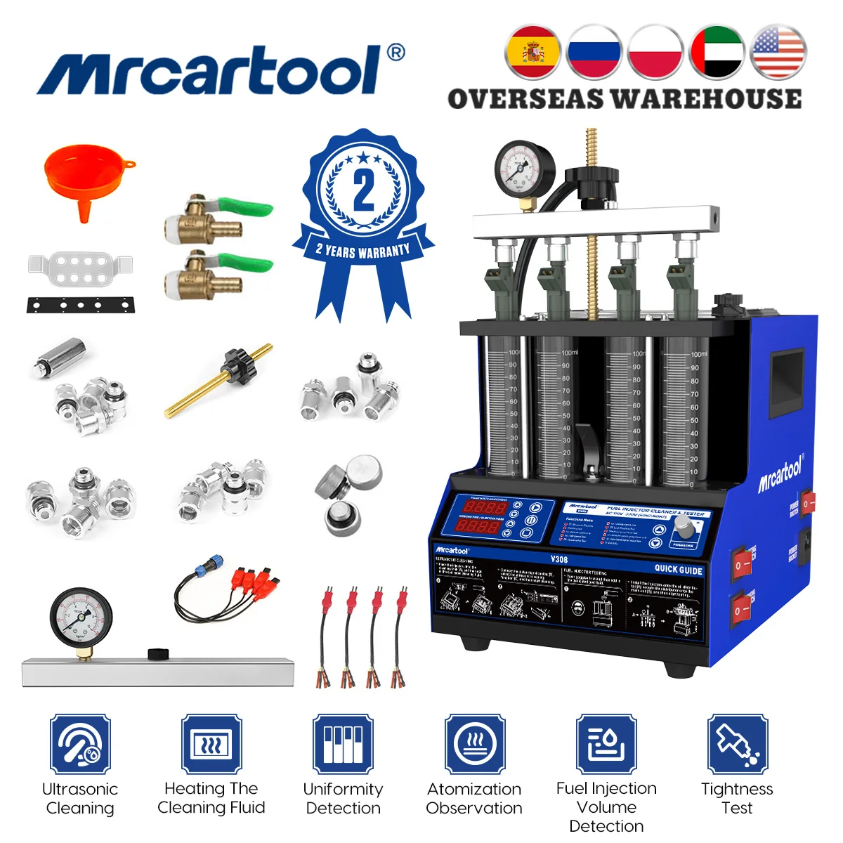 MR CARTOOL V308 Fuel Injector Tester Cleaner 4 Cylinder Ultrasonic Automotive Tester Cleaning Machine for Car and Motorcycle