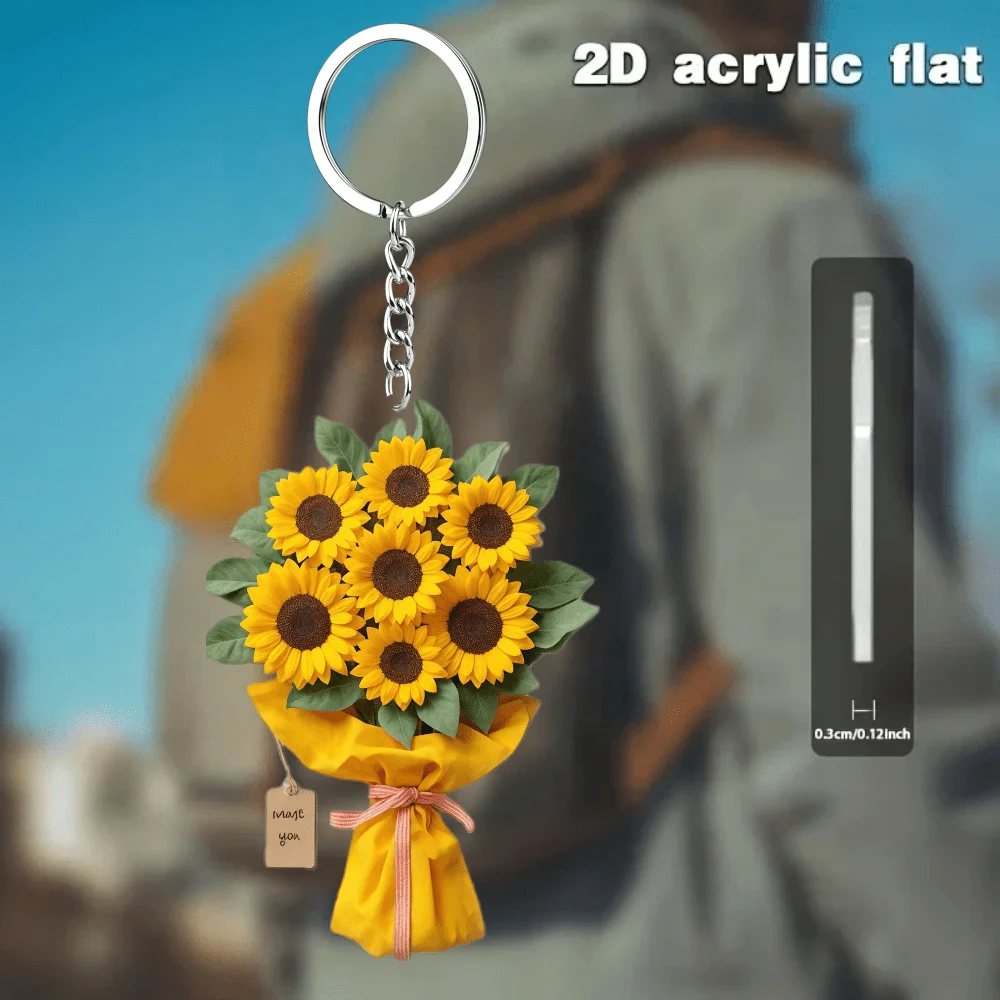 5sets Sunflower Bouquet Keychain Includes Acrylic 2D Keyring & Thank You Cards & Organza Bags Packs Event Giveaways Party Gifts
