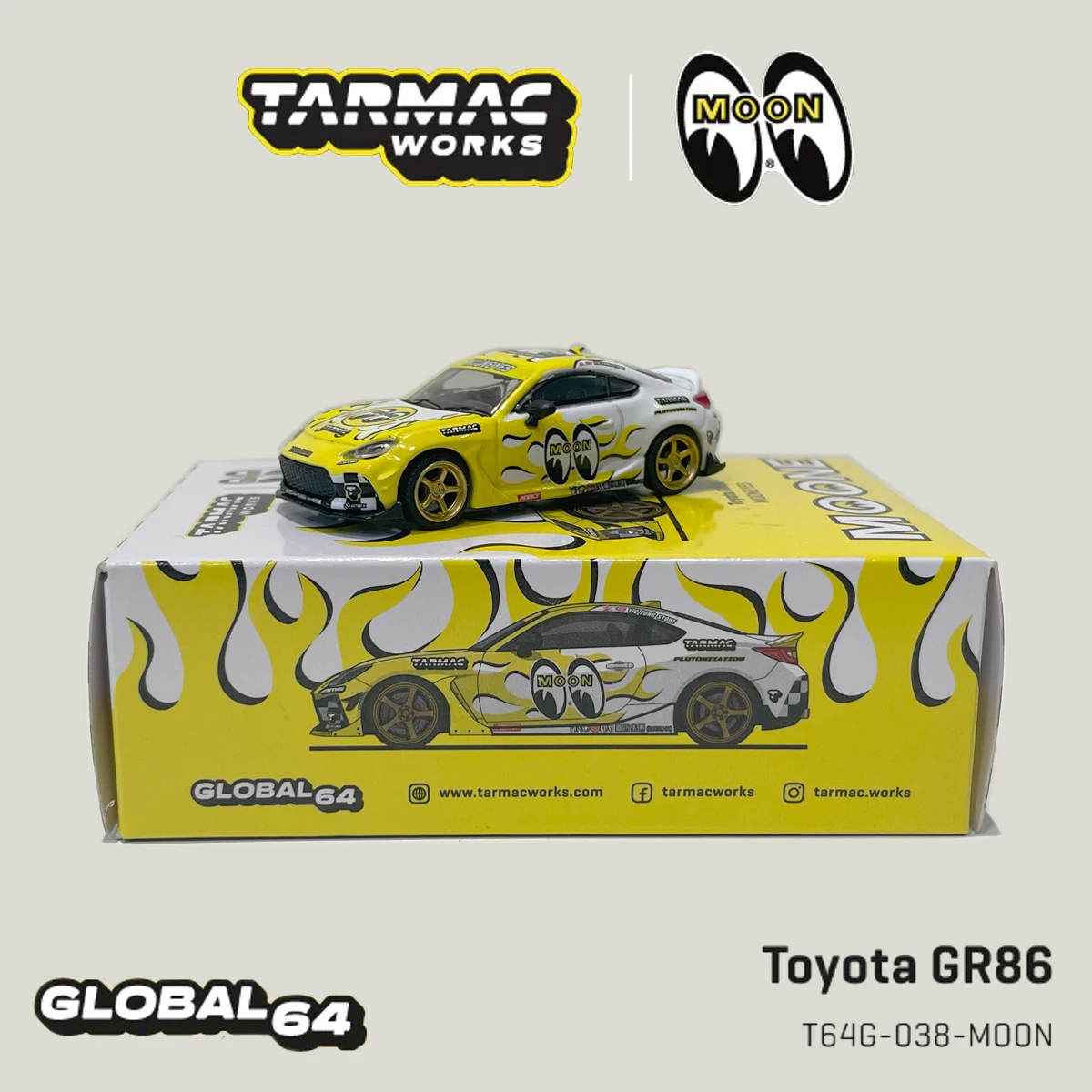 Tarmac Works Global64 T64G-038-MOON 1:64 Toyota GR86 MOON Equipped Flame Livery Sport Coupe Diecast Car Model In Stock