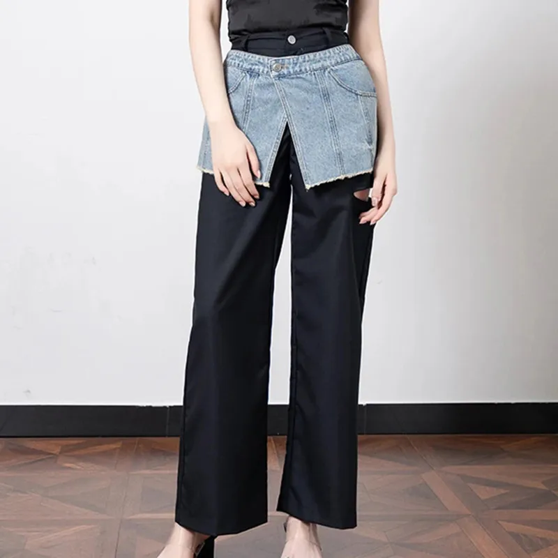 BPN Casual Patchwork Denim Pants For Women High Wiast Hit Color Streetwear Loose Wide Leg Trousers Female Fashion Clothing Style