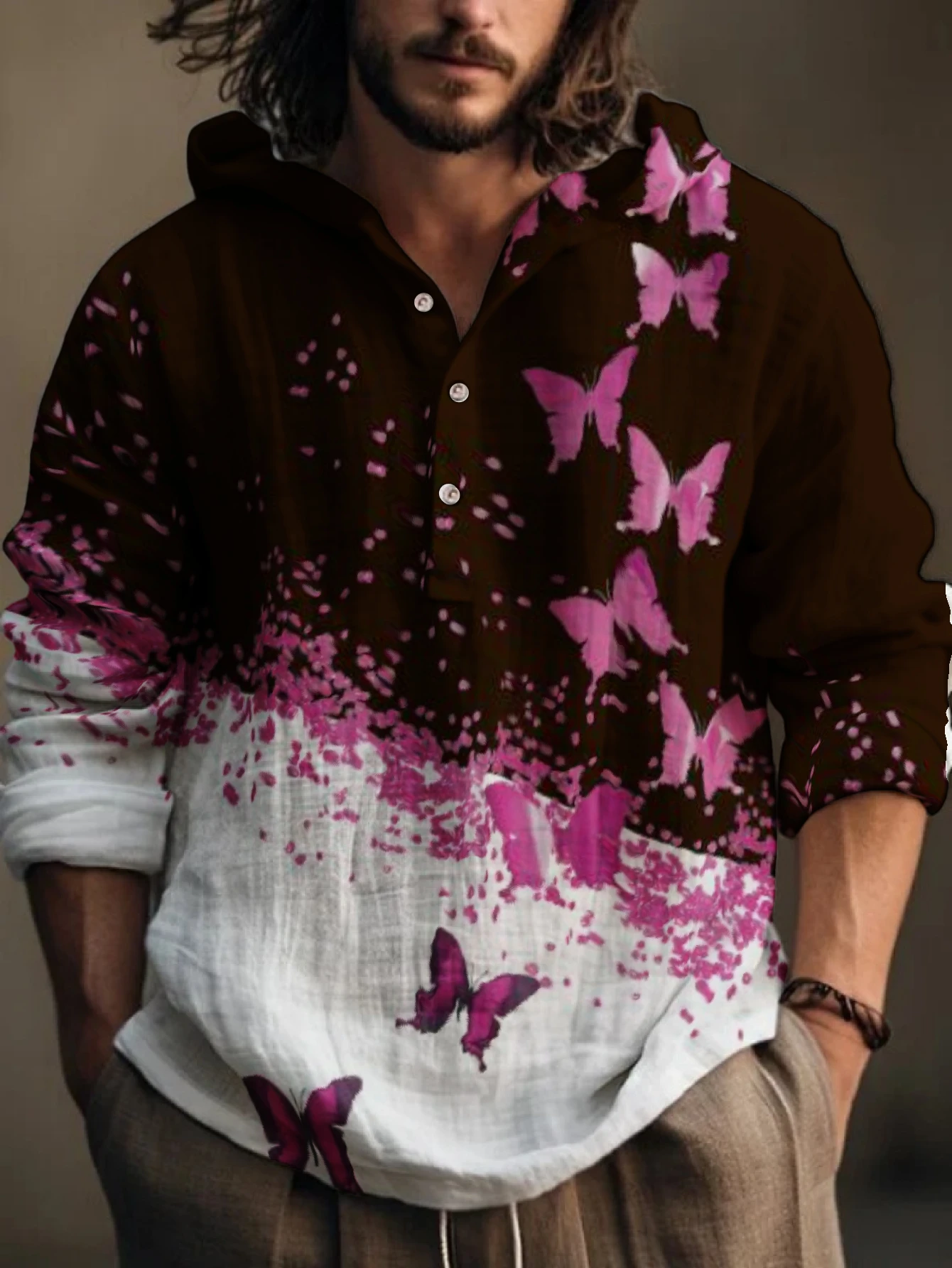 Men's Butterfly Gradient Print Hooded Henley Shirt, Long Sleeve Half‑Button Placket Loose Fit Casual Beach Vacation Pullover Top