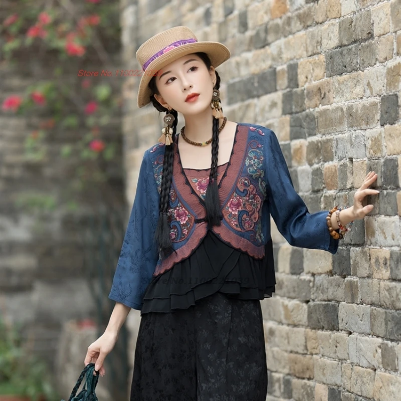 

2024 chinese vintage v-neck blouse tang suit traditional flower embroidery satin jacquard chiffon blouse oriental hanfu tops