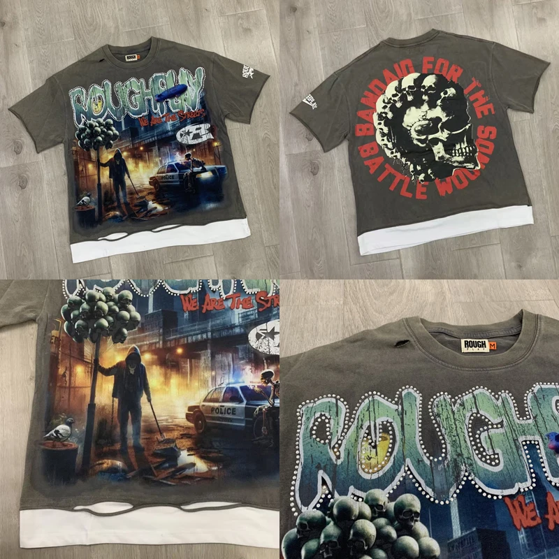 American Streetwear Brand ROUGH PLAY T-shirts Retro Washing Do Old Skull Print Hip-hop Men Women Roguh Play Shining Diamond Tee