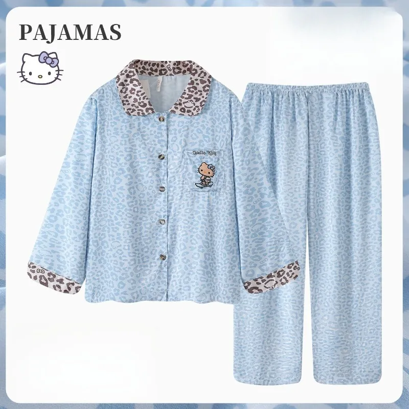 

Леопардовые, приятные для кожи дышащие пижамы Hello Kitty для девочек, весенне-осенняя домашняя одежда из ледяного шелка с длинными рукавами, которую можно носить на улице