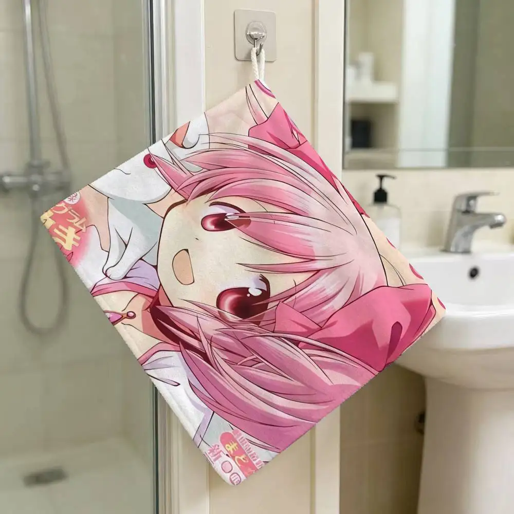 Anime Girl Puella Magi Madoka Magica Hanging Style Hand Wiping Towel Polyester Cotton Anti-fade For Indoor Kitchen Living Room