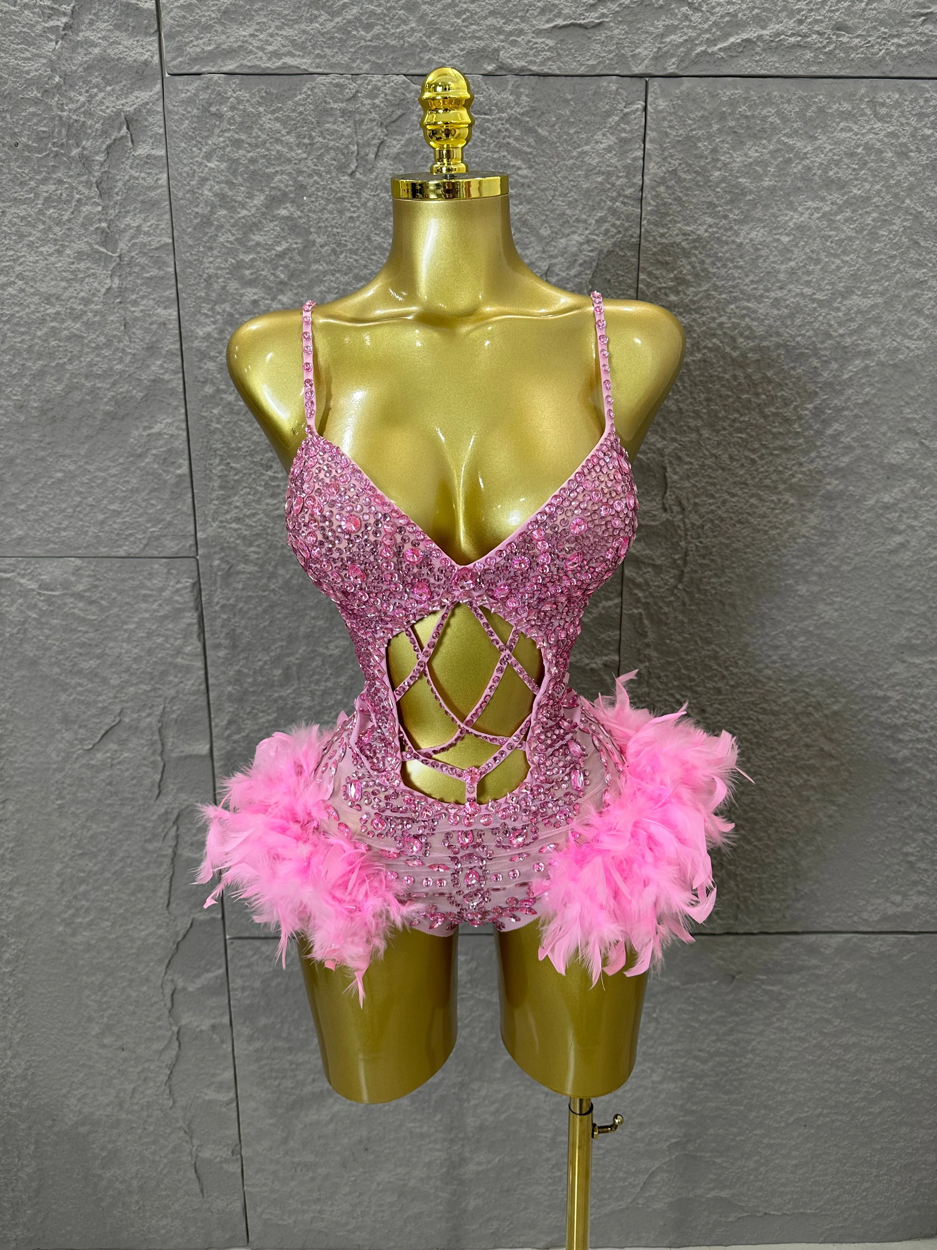 Glamorous Pink Sparkly Rhinestone Feather Trim Bodysuit Performance Costume Singer Stage Outfit Birthday Party Nightclub wear