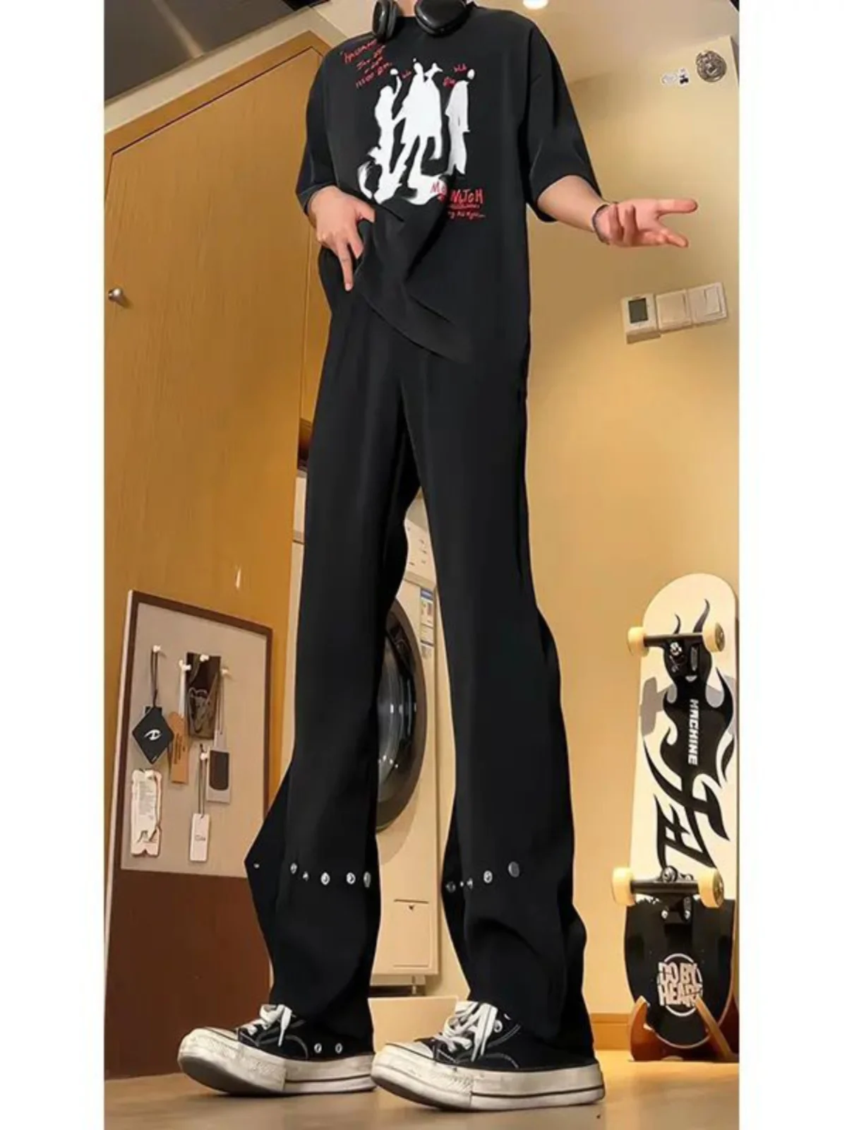 

American High Street Ice Silk Men's Summer Thin Hanging Sense Rivet West Pants CleanFit Flared Button Casual Pants