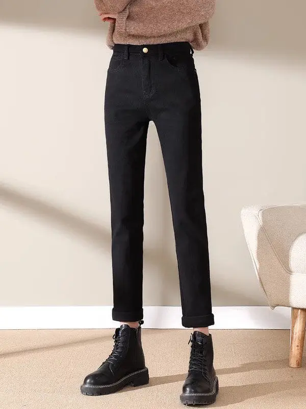 ハイウエスト厚手フリースデニムパンツ レディース ストレートレッグ カジュアル ルーズ 着痩せ 暖かい 秋色 ベージュ スモーキングパンツ