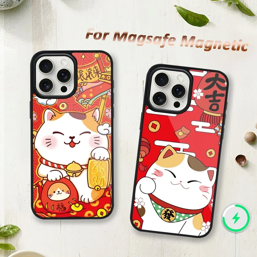 Maneki Neko Lucky Money Cat Phone Case For iphone 11 12 Plus Max 13 14 Mini Pro 15 Magsafe Magnetic Wireless Charging Shell