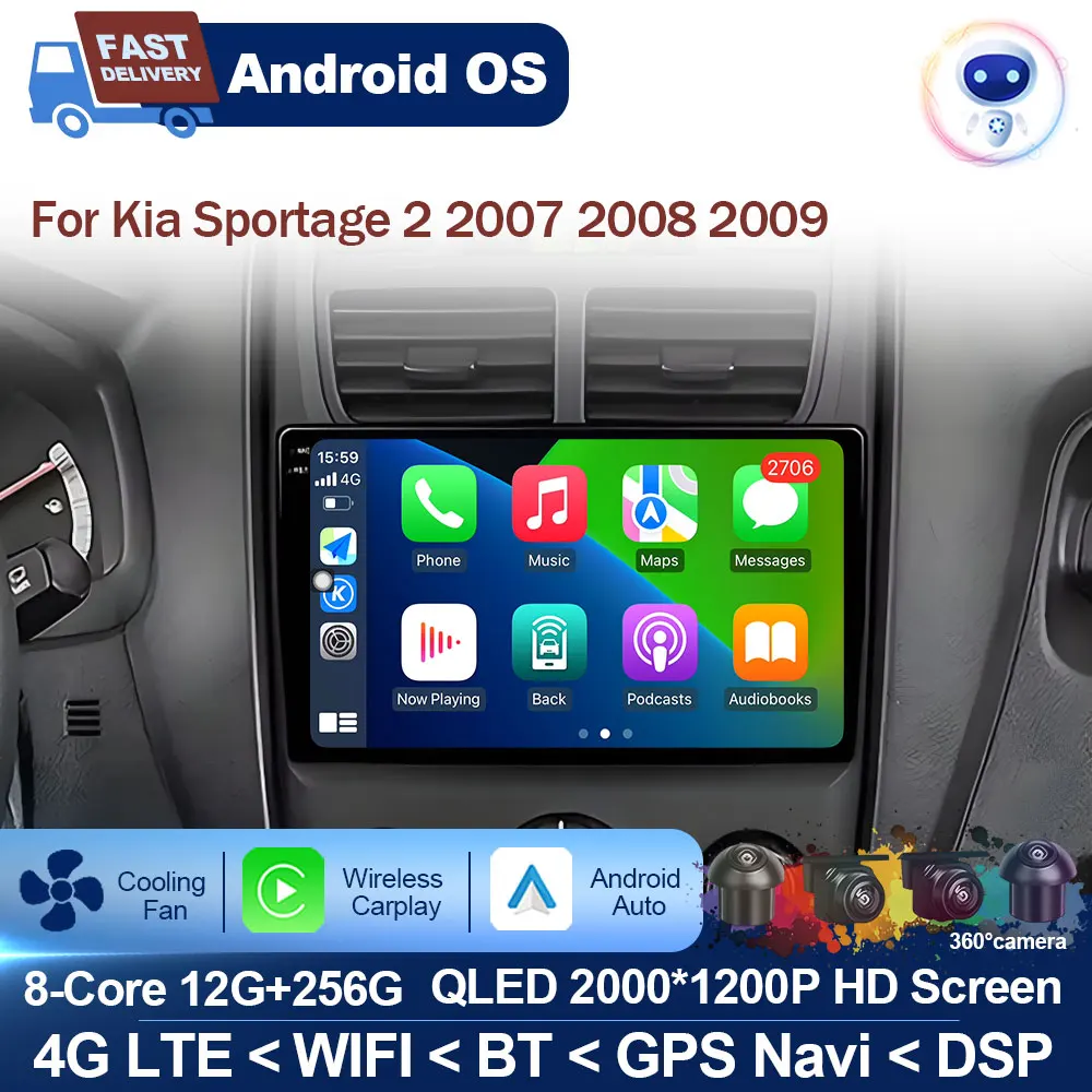 

QLED Screen Android OS for Kia Sportage 2 2007 2008 2009 Wireless Carplay Car Multimedia Stereo Player GPS Navigation Head Unit