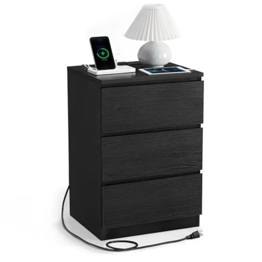 

Nightstand with Charging Station 2 AC Outlets and 2 USB Ports Bedside Table Side Table with 3 Drawers Modern Style 13.8 x 15.7