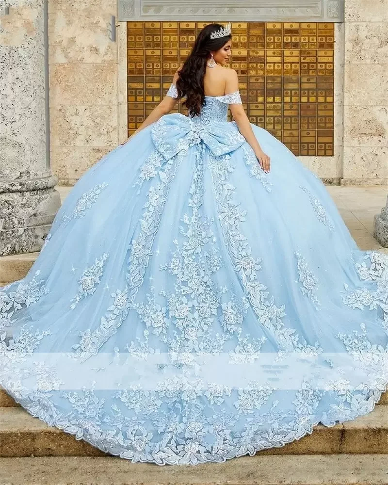 ANGELSBRIDEP Sky Blue Ball Gown Quinceanera Dresses Court Train Beaded Appliques Sweet 16 Dress Vestidos De 15 anos Corset China