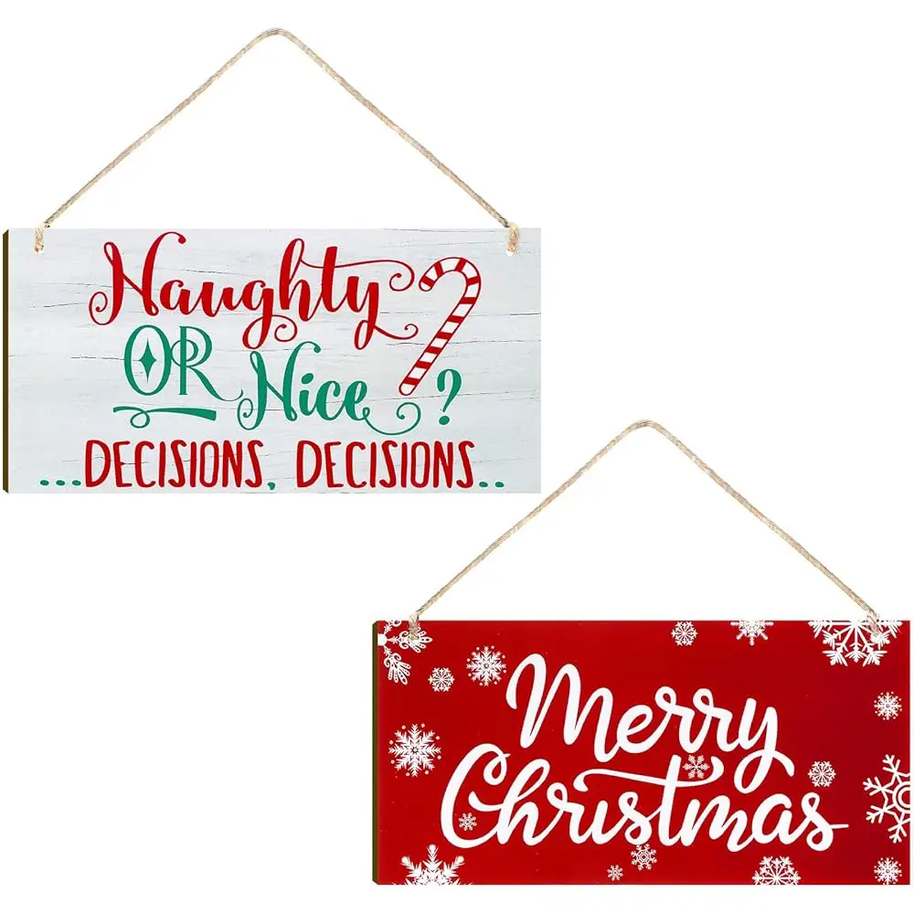 

2 штуки: Рождественские деревянные подвесные таблички «Послушный или непослушный», забавные зимние декоративные настенные вывески, деревенские деревянные таблички на дверь