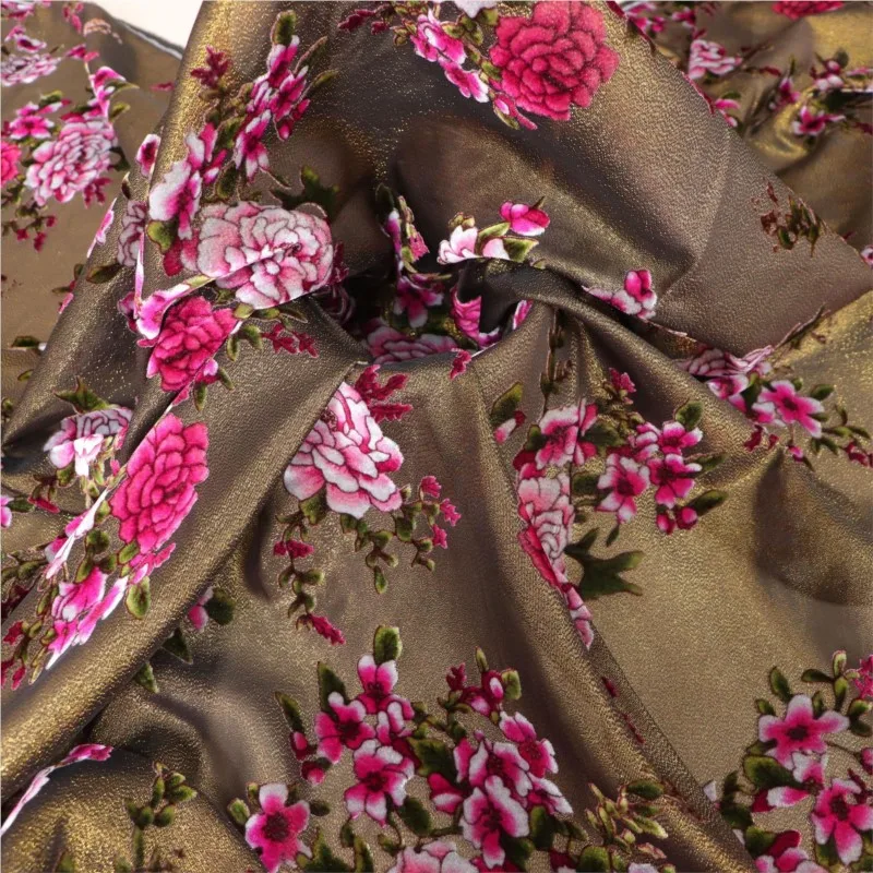 금색과 퇴색된 꽃무늬 벨벳 실크 치파오 드레스