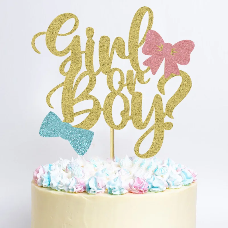 Gender Reveal Cake Topper Boy Or Girl Butterfly Bowtie Happy Birthday Party Baby Shower Cupcake Toppers Decor Baking Supplies